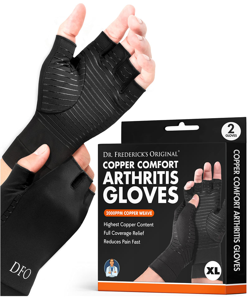 [Australia] - Dr. Frederick's Original Copper Arthritis Glove - 2 Gloves - Perfect Computer Typing Gloves - Fit Guaranteed - Extra Large Fingerless - Black X-Large 