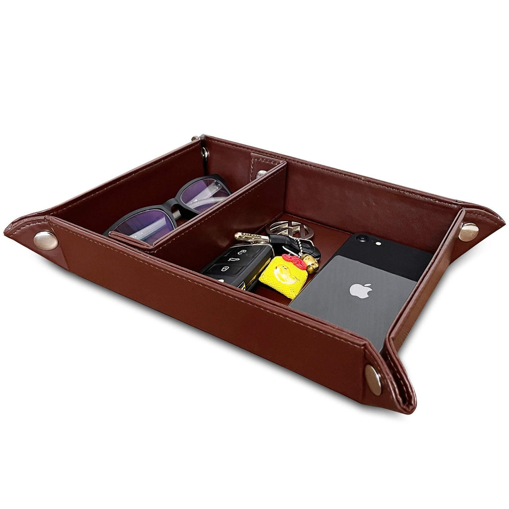 [Australia] - SUKKMORI Nightstand Valet Tray Organizer - PU Leather Dresser Organizer Box for Men and Women - Jewelry Accessories Catchall Vanity Tray for Table Desk Top - Bedside Station Tray for Key and Wallet 