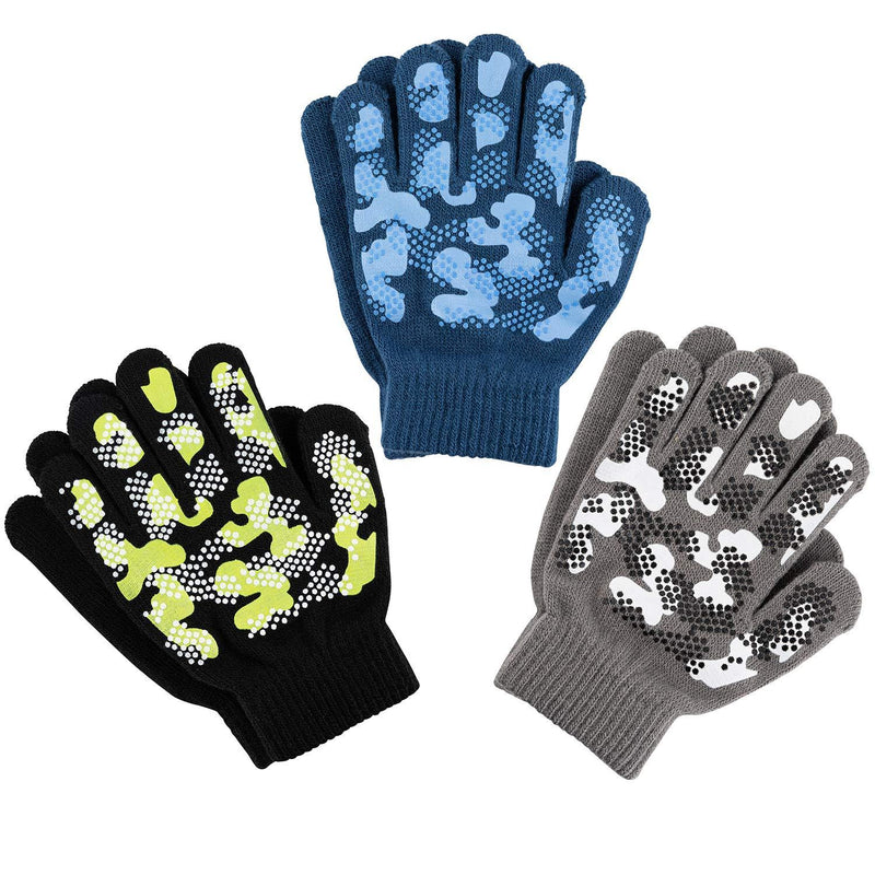 [Australia] - Magic Knit Kids Stretch Gloves - Winter Gloves for Kids Extra Strong Grips 3pack 8-14 years Camo - Black, Navy & Brown 