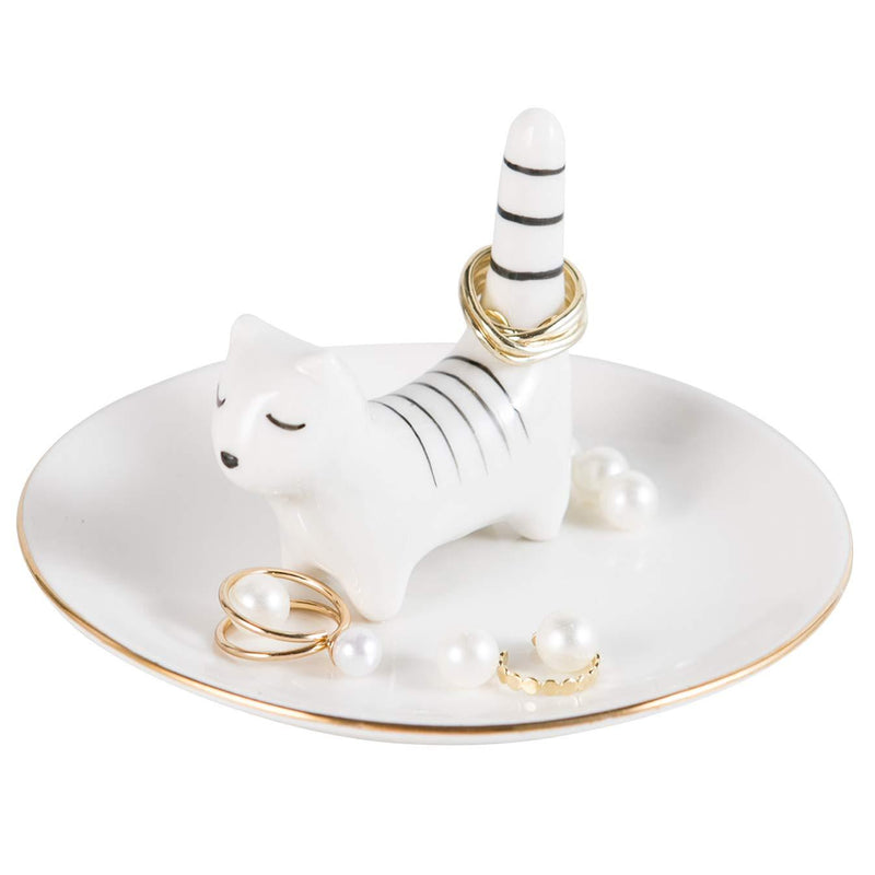 [Australia] - Vellarr White Kitty Adorable Cat Trinket Dish Ring Holder Jewelry Tower Rack Jewel Tray, Lovely White Cat with Striped Tail, 5.3in X3.3in 