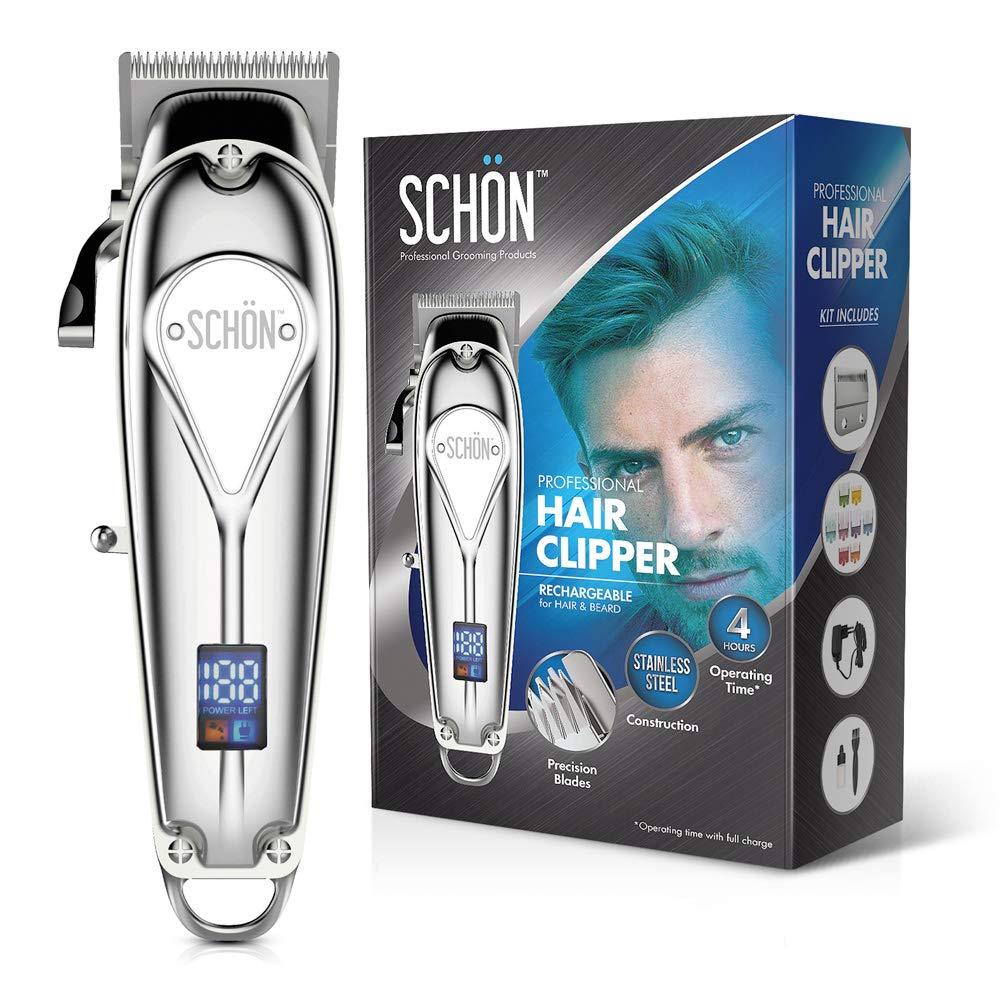 [Australia] - Schon Cordless Rechargeable Hair Clipper and Trimmer for Men, Women, Children - Solid Stainless Steel Electric Buzzer with Precision Blades, Hair Cutting Kit with 8 Color-Coded Guide Combs 