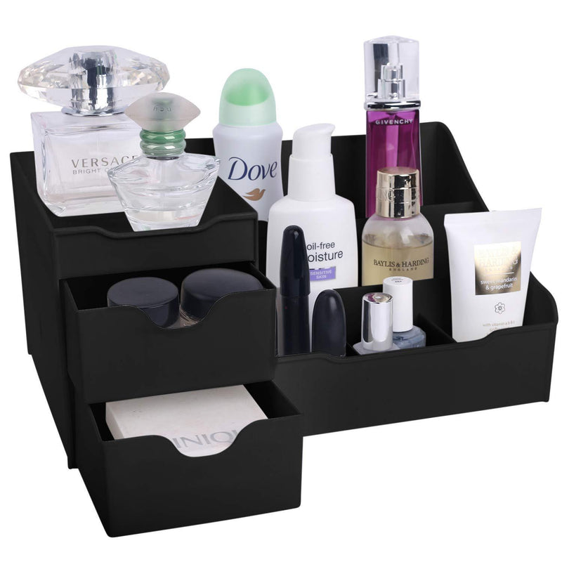 [Australia] - Mantello Makeup Organizer - Vanity Box with Drawers for Cosmetics, Jewelry, Accessories, Nail Care Essentials, Skincare Items - Multi-Purpose Plastic Tabletop Cabinet for Storage & Display - Black Matte Black 