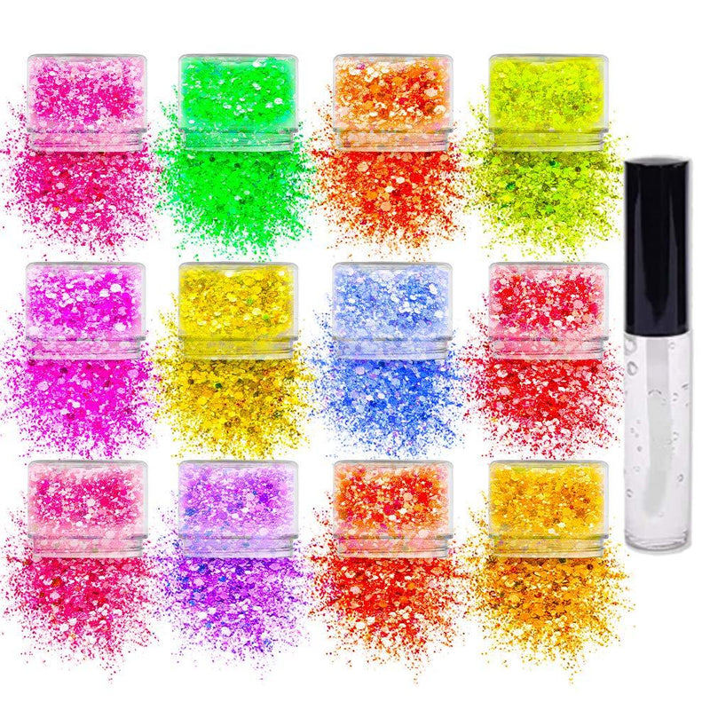 [Australia] - Chunky Cosmetic Holographic Neon Glitter I Body, Face & Hair Safe I 12 Pack + 1 Glitter Primer 12 PCS Neon 