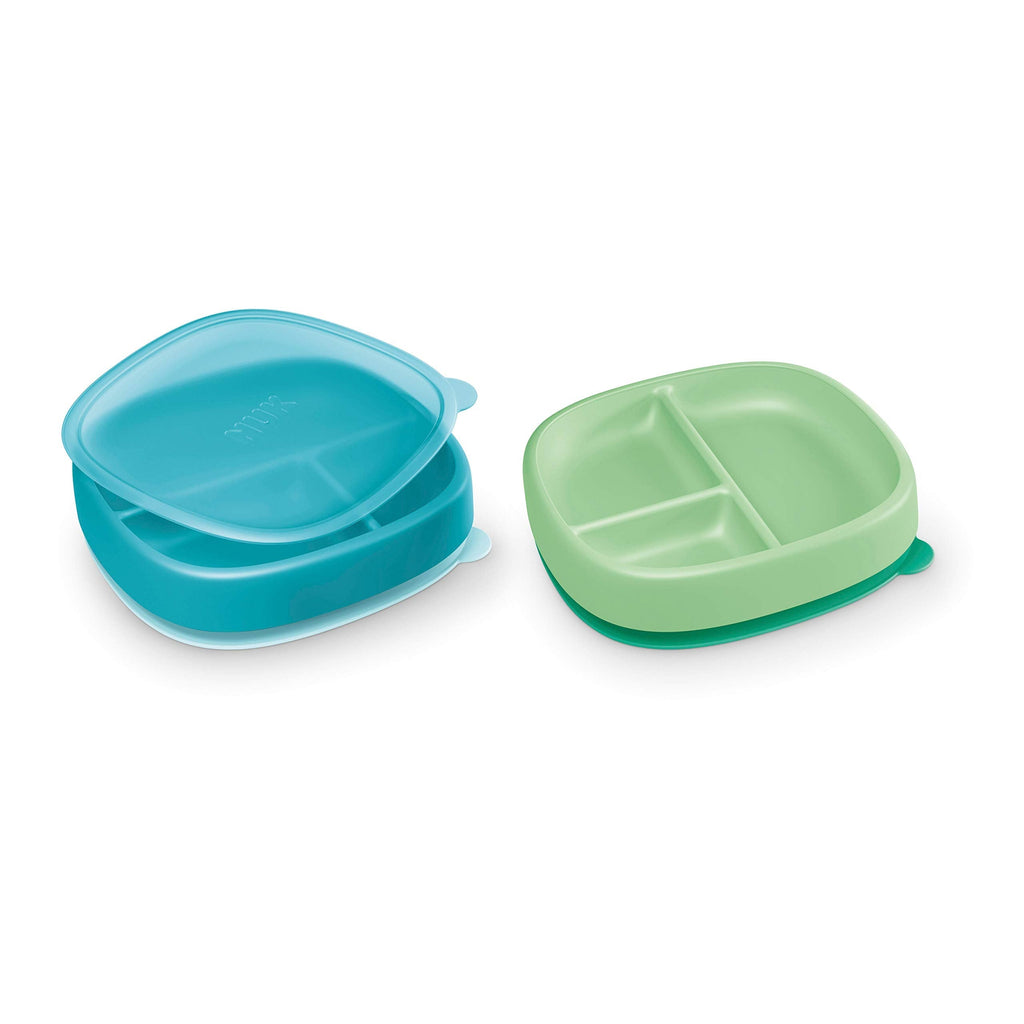 [Australia] - NUK Suction Plates and Lid, Assorted Colors, 2 Pack, 6+ Months, Blue & Green 2 Count (Pack of 1) 