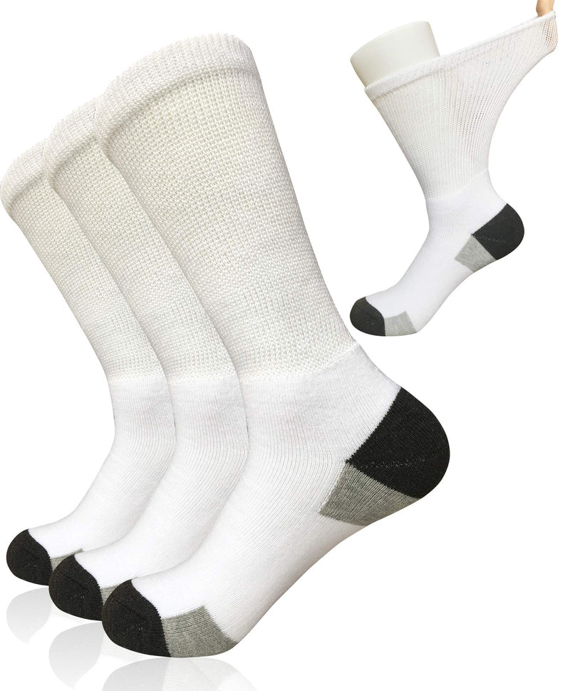 [Australia] - Mens Diabetic Socks Non-Binding Crew Socks Cushioned for Edema Thick Ankle Diabetes Edema Swollen Feet White/Grey(3 Pairs) 