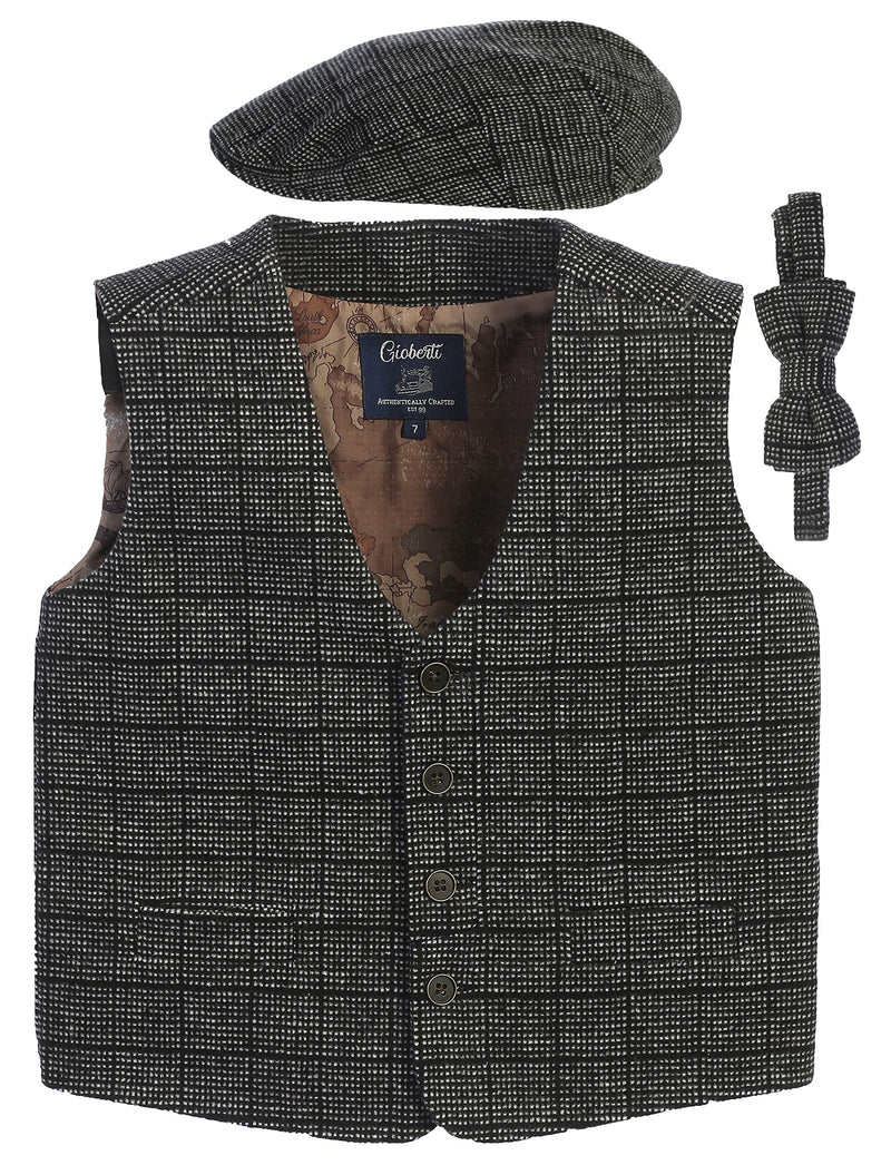 [Australia] - Gioberti Kids and Boys 3pc Tweed Vest with Matching Cap and Bow Tie 2T 55 - Charcoal Barleycorn Graph 