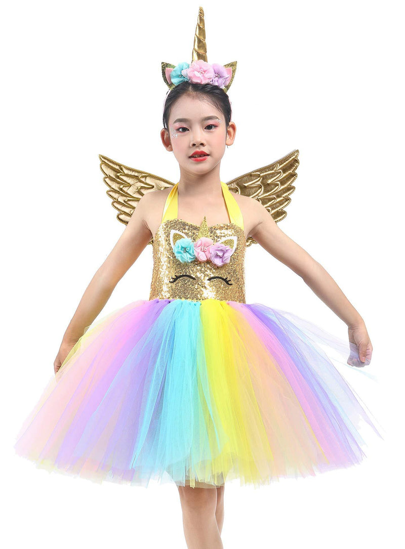 [Australia] - Tutu Dreams 3pcs Gold Unicorn Dress with Wings and Headband for Girls 1-10Y Birthday Christmas Party Gifts 1-2T 