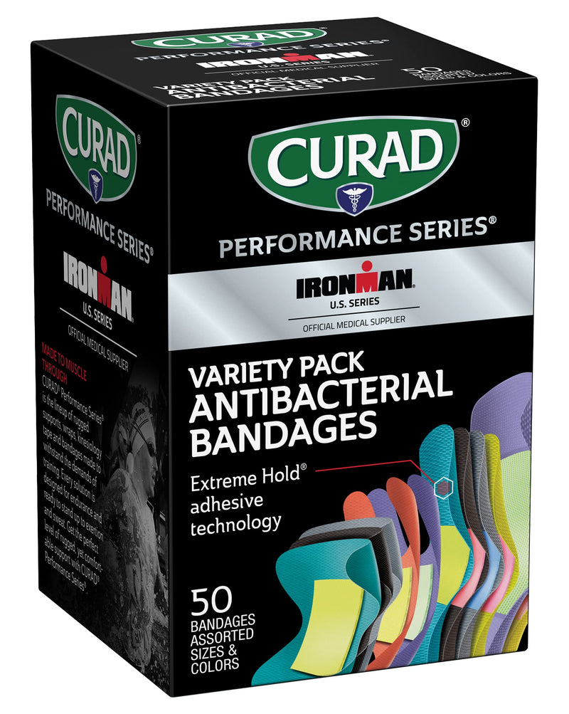 [Australia] - Curad Performance Series Ironman Antibacterial Bandages, Extreme Hold Adhesive Technology, Assorted Variety Pack Includes Standard, XL, Finger & Knuckle Fabric Bandages, 50 Count 