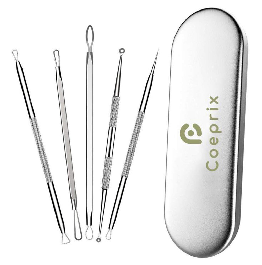 [Australia] - Coeprix Blackhead Remover – 5Pcs Pimple Popper Tool Kit – Professional Stainless Steel Comedone Extractors - Blemish Removal Acne Treatment - Fat Granule Whitehead Scraper Zit Poppers (Silver) 