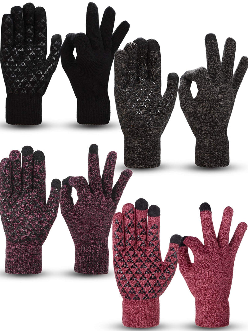 [Australia] - 4 Pairs Winter Knit Touchscreen Gloves Warm Texting Gloves Elastic Anti-slip Gloves for Adults Black, Black Red, Black Grey, Rose Red Medium 