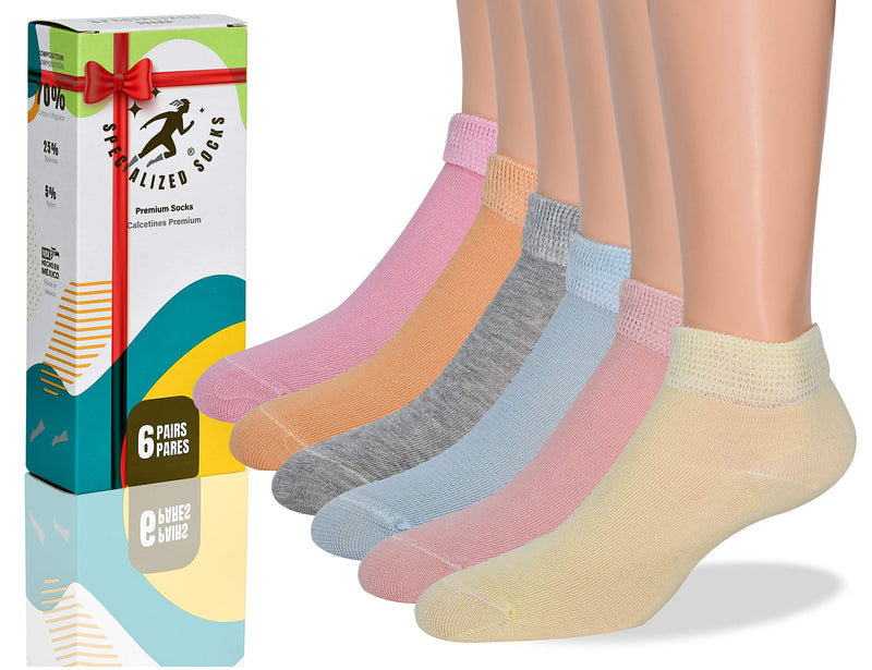 [Australia] - Diabetic Socks Women- Premium Cotton, Low Cut, Fashion Designed & Thin Baby Blue, Pink, Yellow, Orange, Salmon and Gray 5-9 