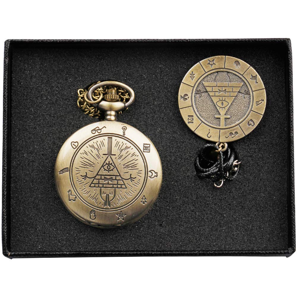 [Australia] - Weird Town Triangle Devil Quartz Pocket Watch Gravity Bill Cipher Fall Time Necklace Pendant Clock Gifts Bronze 