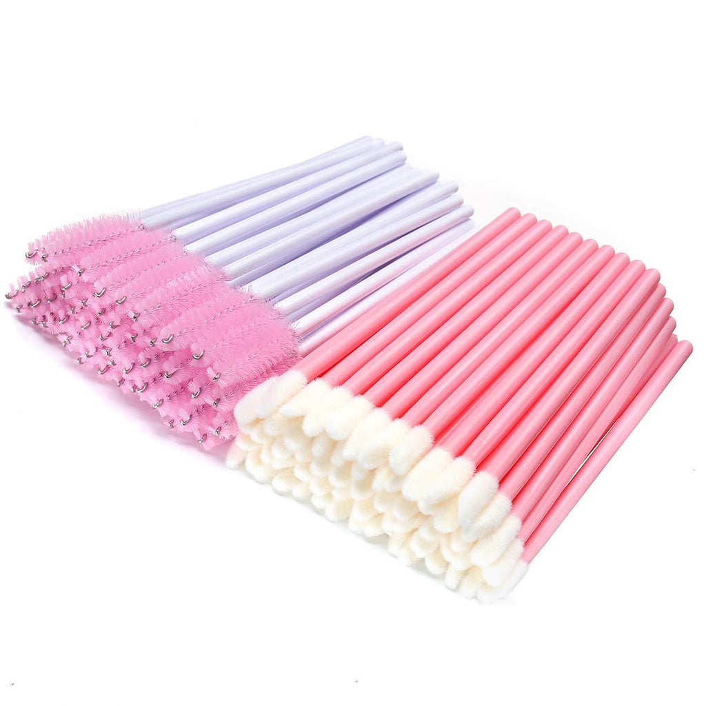 [Australia] - iminoo 100 PCS Disposable lip wands and mascara wands, Disposable Mascara Lipstick Makeup Brushes Eyelash Lip Gloss Brushes Applicators Makeup Tool (100, White-Pink) 