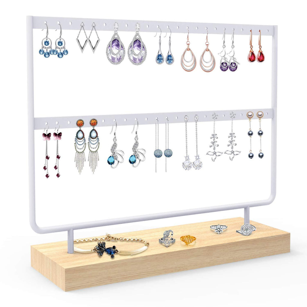 [Australia] - ANNDOFY Earrings Organizer Jewelry Display Stand, 2-Tier Earring Holder Rack for Hanging Earrings, Metal and Wood Basic Large Storage Earring Jewelry Display Tree as Women Girls Gift White 