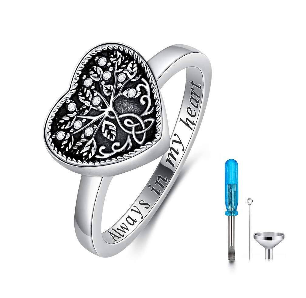 [Australia] - AOBOCO 925 Sterling Silver Heart Celtic Tree of Life Cremation Urn Ring Holds Loved Ones Ashes, Always in My Heart Urn Ring for Ashes for Women, Memorial Keepsake Jewelry Embellished with Crystals from Austria 7 