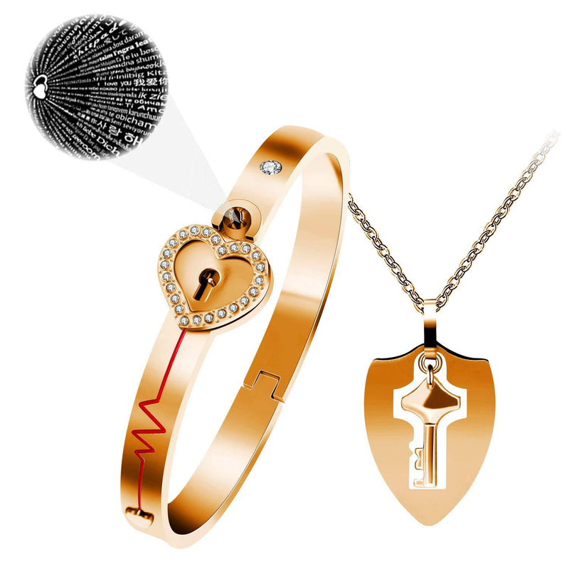 [Australia] - Uloveido Shield Key Pendant Necklace and Lock Bracelet for Girls Boys Couple Necklace Bracelet Set for Men and Women Anniversary Birthday Gift, You Hold the Key to My Heart Y473/Y474 100 Languages Love-Rose Gold 