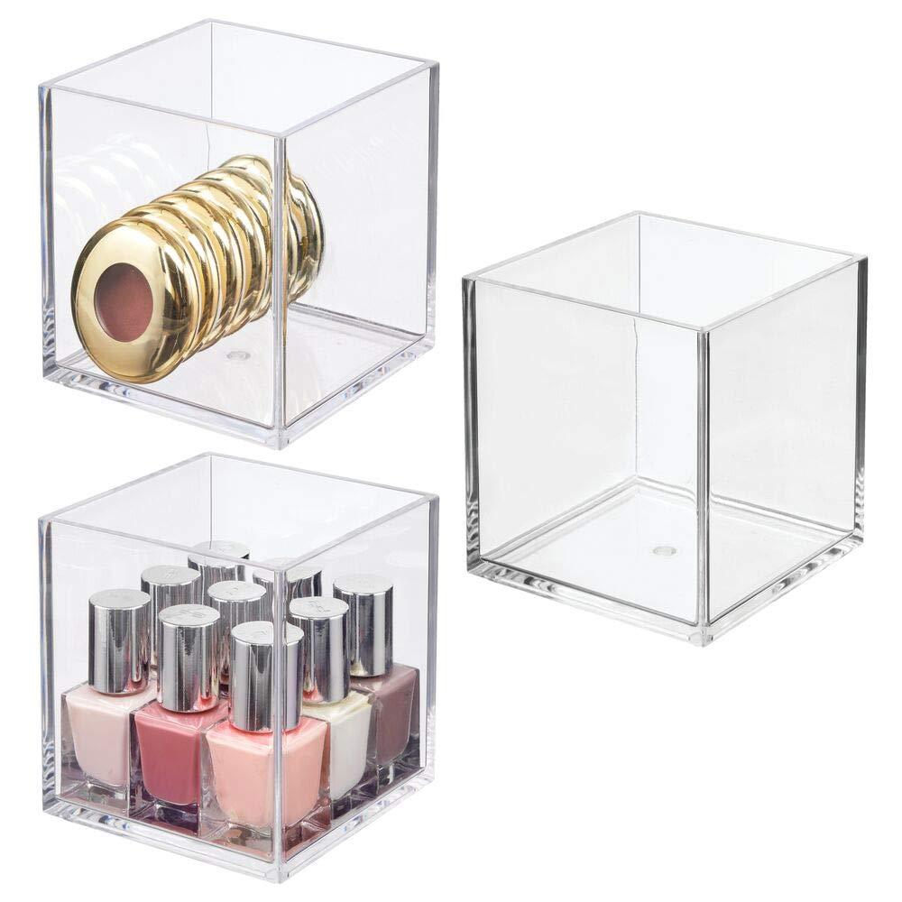 [Australia] - mDesign Plastic Square Makeup Organizer for Bathroom Drawers, Vanity, Countertop - Storage Bins for Eyeshadow Palettes, Lipstick, Lip Gloss, Blush, Concealers, Hair Ties - 4" Square, 3 Pack - Clear 4 x 4 x 4 