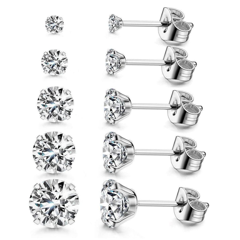 [Australia] - Women's 14K Gold Plated CZ Stud Earrings Simulated Diamond Round Cubic Zirconia Ear Stud Set（5 Pairs) (A)Steel Color 