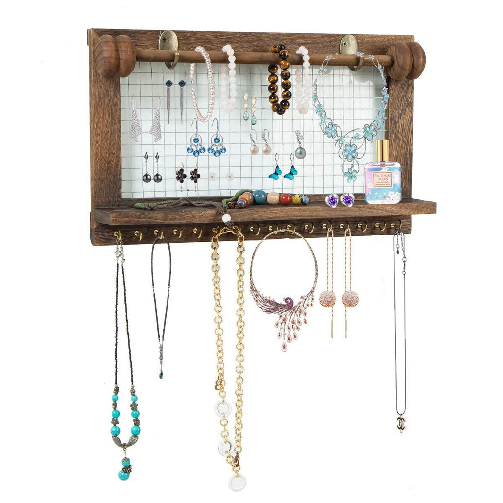 [Australia] - ZOVOTA Jewelry Organizer Wall Mount Hanging Necklace Holder Rustic Wood Earring Display Jewelry Towers Floating Shelves with 16 Hooks… 