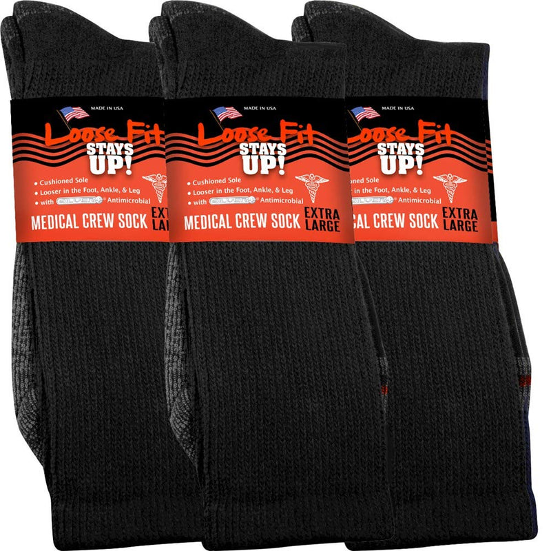[Australia] - Loose Fit Stays Up Men's and Women's Medical Socks (Pack of 3) Made in USA. Cushioned Sole Large Black 