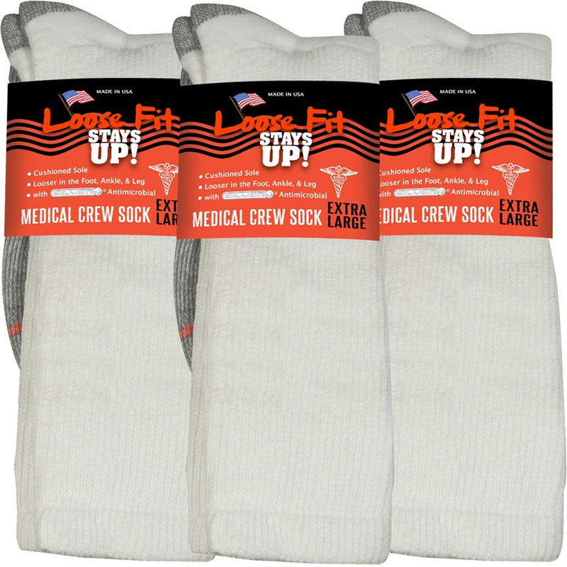 [Australia] - Loose Fit Stays Up Men's and Women's Medical Socks (Pack of 3) Made in USA. Cushioned Sole Large White 