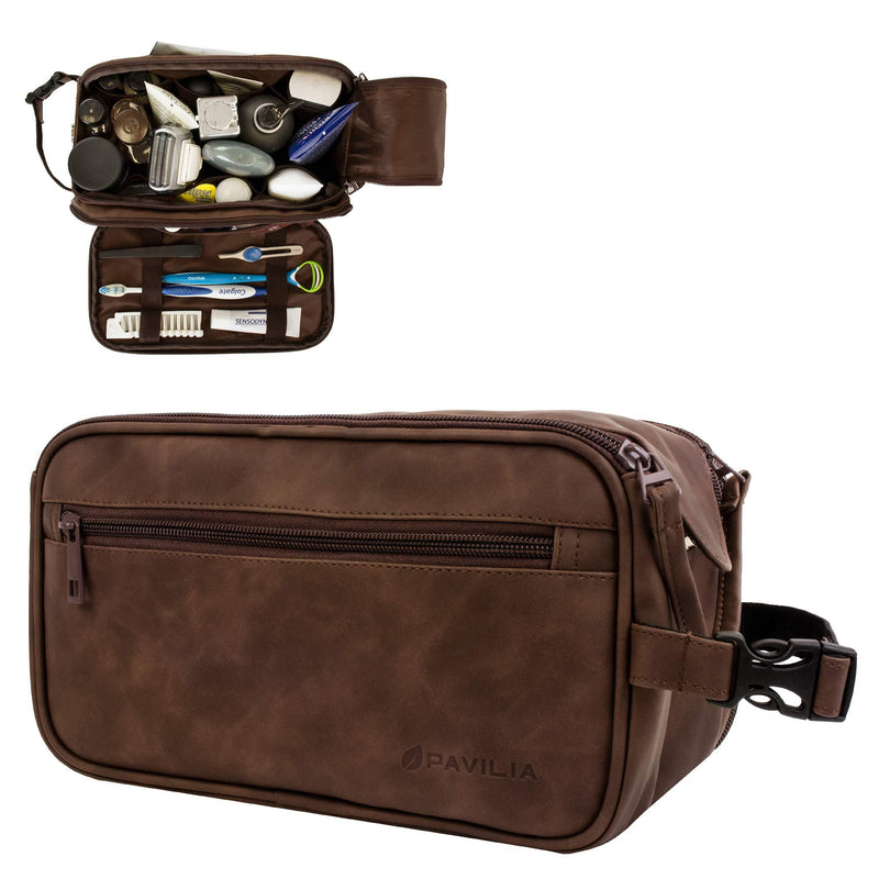 [Australia] - PAVILIA Toiletry Bag for Men, Travel Toiletries Bag|Water-resistant Dopp Kit, Leather Shaving Organizer for Cosmetic, Hygiene One Size Brown 