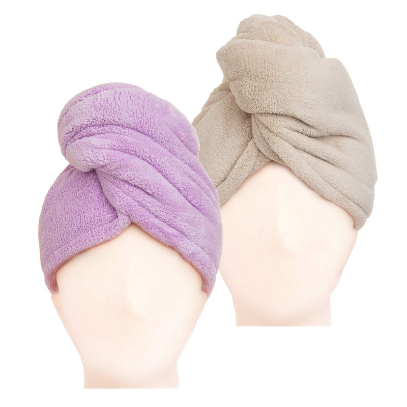[Australia] - AIYHC - 2 Pack Microfiber Hair Towel Wrap for Women, 10 X 26 inch, Super Soft and Thick, Absorbent & Fast Drying for Wet Hair (Khaki & Purple) Khaki & Purple 