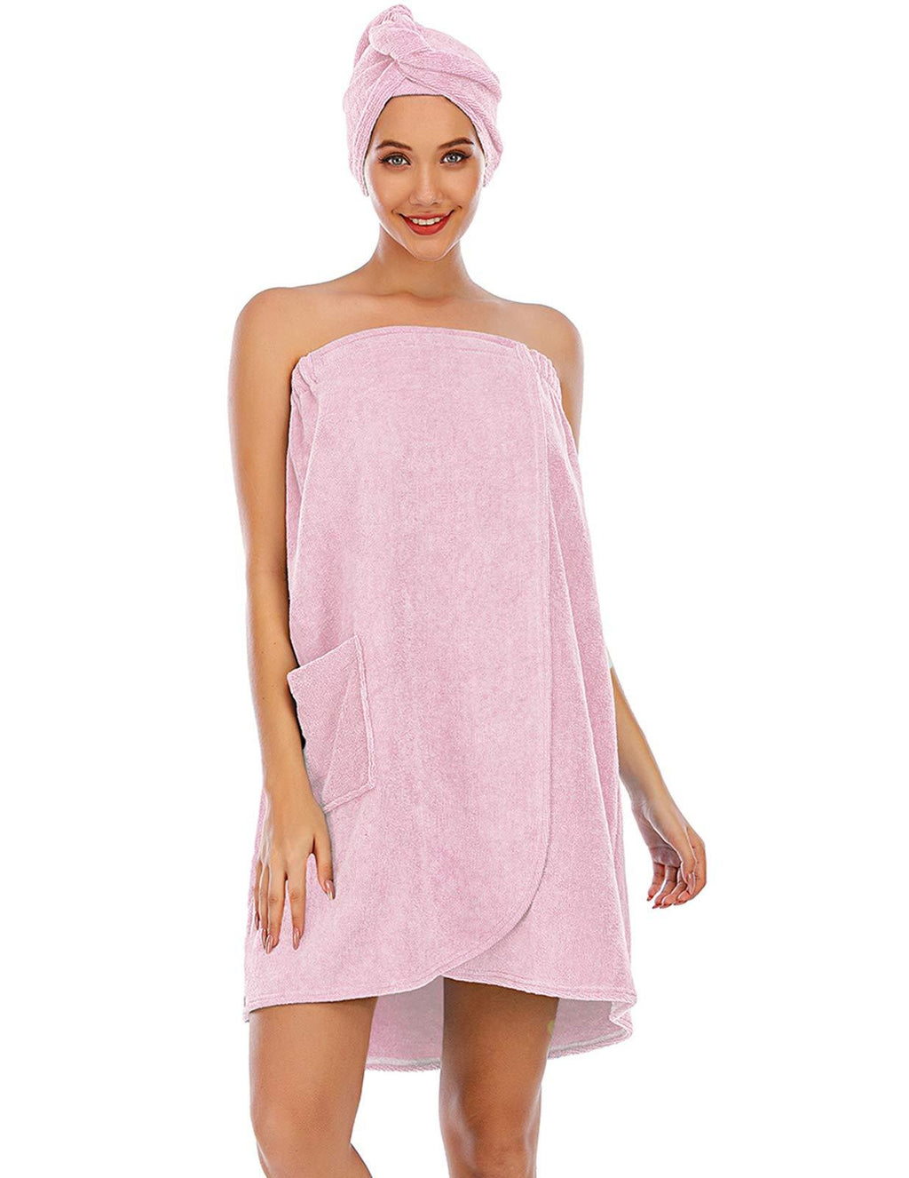 [Australia] - Veseacky Women Bath Wrap Towel for Shower with Pocket Adjustable Robe & Facial Headband S-XL Bb-sunny Pink Large 