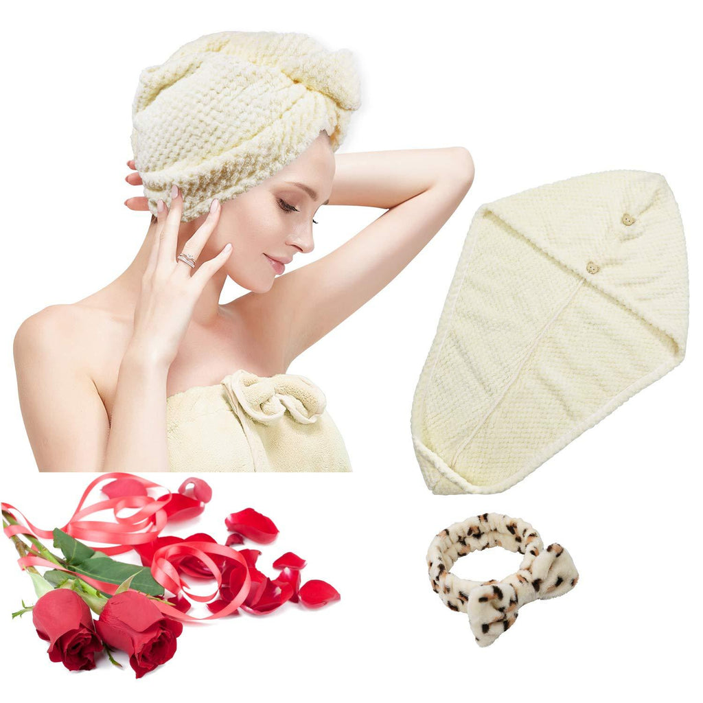 [Australia] - Quick Fast Dry Hair Drying Towel Wrap Microfiber Hair Turban with 2 Buttons and Leopard Bow Make Up Hairband Headband for Washing Face #1 