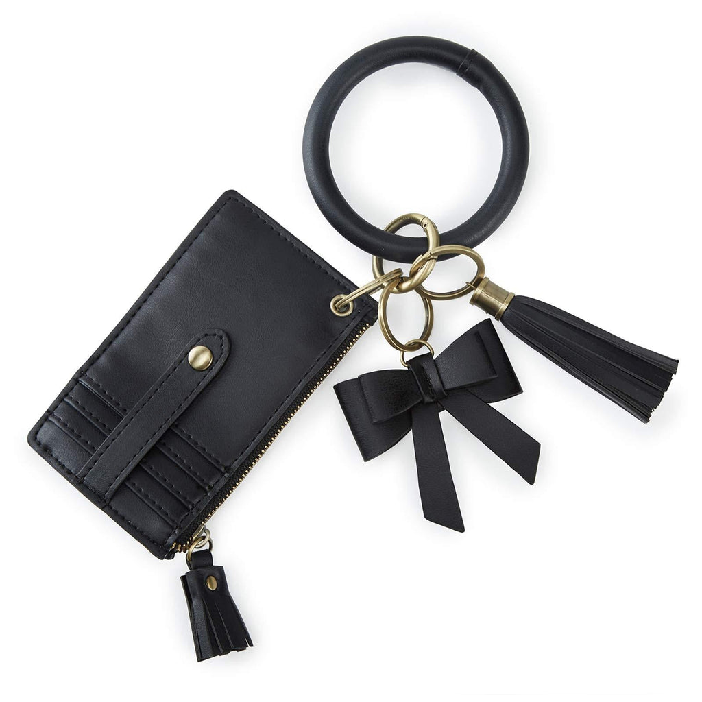 [Australia] - ECOSUSI Wristlet Keychain Key Ring Bracelets Card Holder Purse with Tassel, Bow Black 