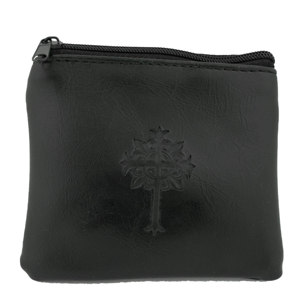 [Australia] - Genuine Black Leather Pouch | Embossed with Fleur De Lis Cross | Zipper Closure | Perfect for Roseries and Chaplet Beads | Great First Communion or Confirmation Gift 