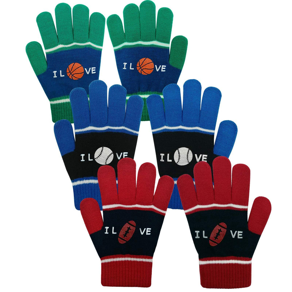 [Australia] - EvridWear Boys Girls Magic Stretch Gripper Gloves 3 Pair Pack Assortment, Kids One Size Winter Warm Gloves Children 4-6Years 3 Pairs Ball Printing 