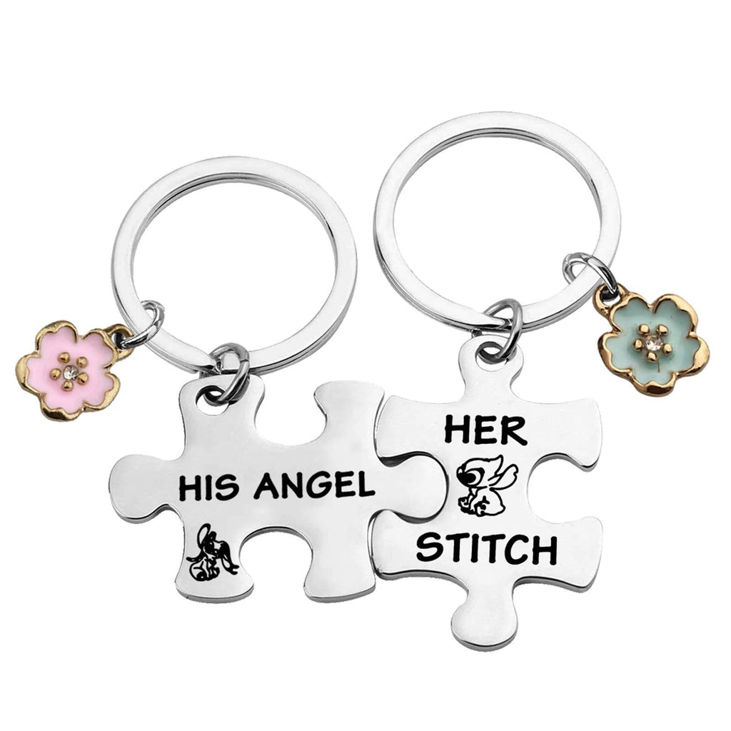 [Australia] - CYTING Her Stitch His Angel Puzzle Piece Keychain Set with Hibiscus Flower Charm Hawaiian Jewelry Gift for Couples Family Best Friends Stitch Angel puzzle piece 