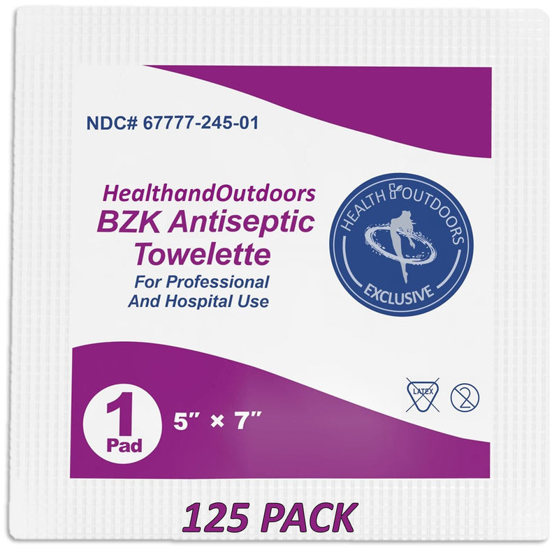[Australia] - BZK Antiseptic Moist Towelette 5" x 7" Wipe (125 Count) Hand & Body Cleansing Wet Napkins Alcohol-Free Individually Wrapped Towels 125 Count (Pack of 1) 