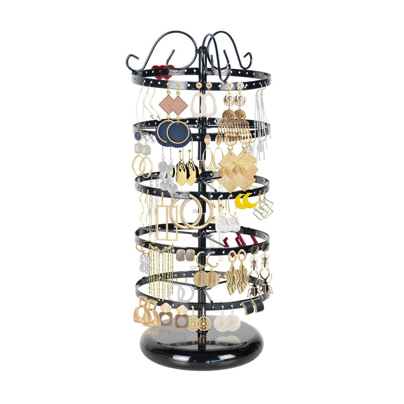[Australia] - LASZOLA 5 Tiers 360° Rotating Earring Holder Organizer, 220 Holes Metal Necklace Bracelet Jewelry Display Rack Stand Tower - 14x6.3 Inch (Black) Black 