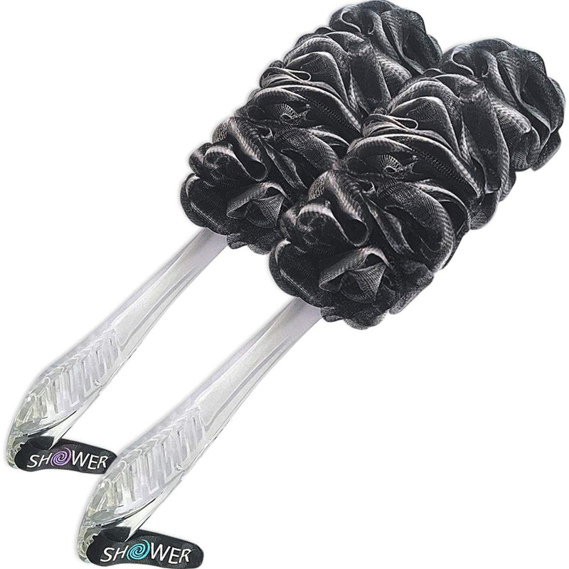 [Australia] - Loofah-Charcoal Back-Scrubbers 2-Pack-by-Shower-Bouquet: Long-Handle Bath-Sponge-Brushes with Extra Large Soft Mesh for Men & Women - Exfoliate with Full Pure Cleanse in Bathing Accessories 