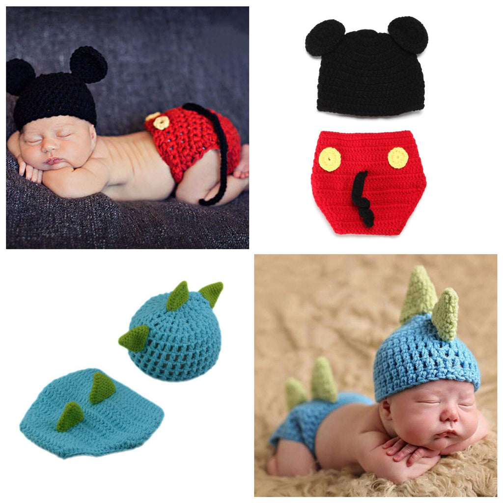 [Australia] - ZOCONE 2 Sets Cotton Knitted Newborn Photography Costume for Girls and Boys (0-3 Months) Dinosaur and Mouse 