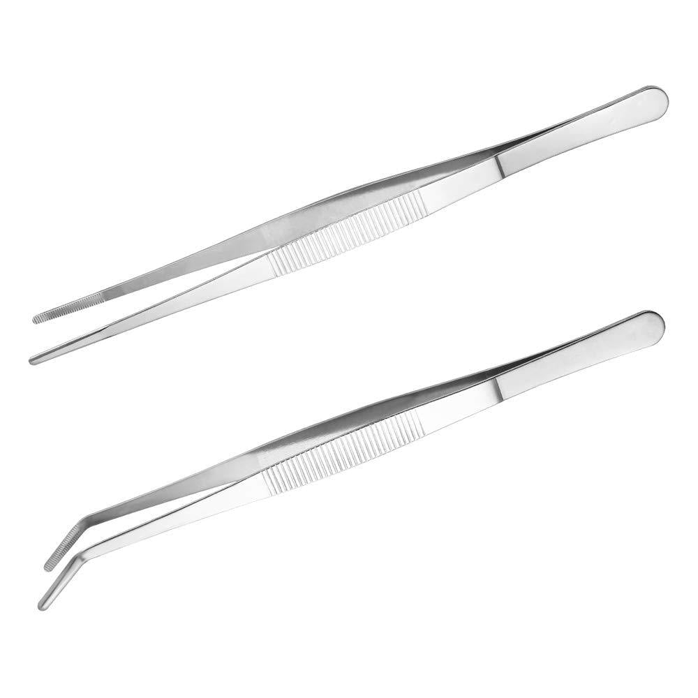 [Australia] - JKJF Stainless Steel Tweezer Long Tweezers with Precision Serrated Tips Straight and Curved Tweezers for Cooking Repairing - 12 Inch 2PCS 