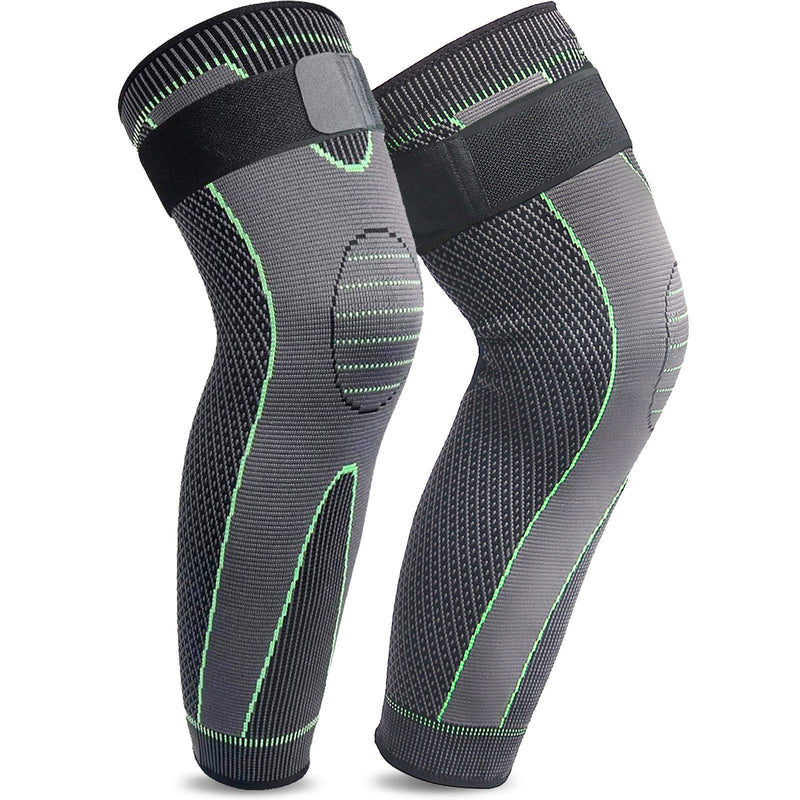 [Australia] - beister 1 Pair Compression Leg Sleeves with Elastic straps for Men & Women, Extra Long Leg Braces Knee Sleeve for Basketball, Football, Knee Pain, Working Out, Joint Pain, Arthritis, Running, ACL Green-updated Medium (1 Pair) 