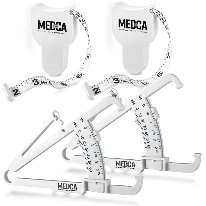 [Australia] - Body Tape Measure and Skinfold Caliper for Body - 4 Piece Set - Skin Fold Body Fat Analyzer and BMI Measurement Tool, White 
