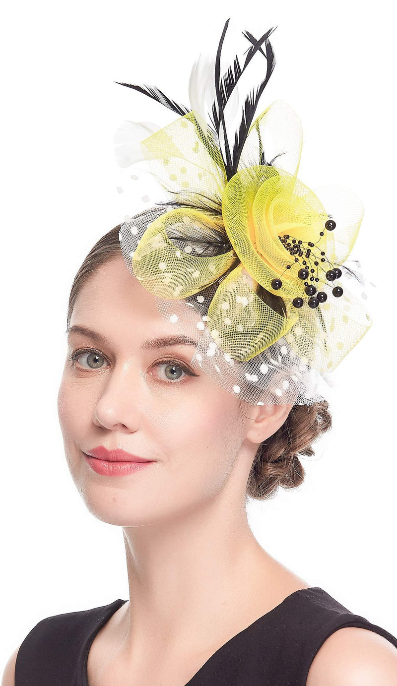 [Australia] - Fascinators for Women Tea Party Headband Kentucky Derby Wedding Cocktail Flower Mesh Feathers Hair Clip Yellow&black 