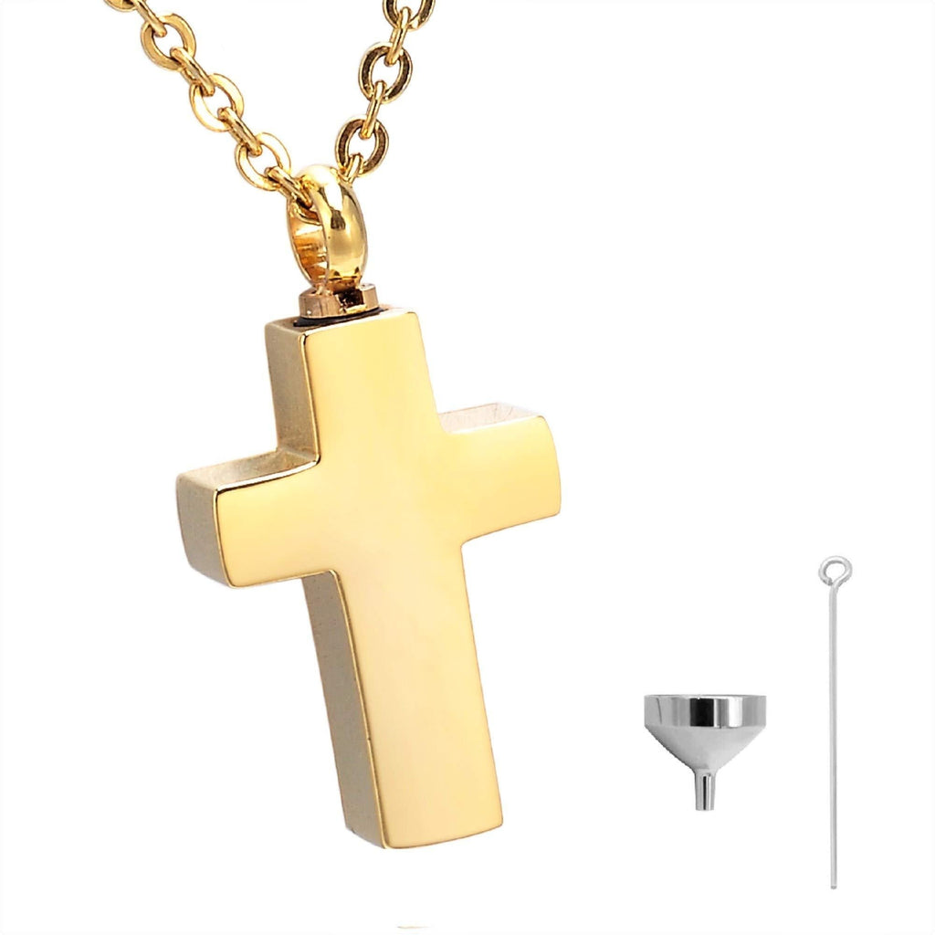 [Australia] - Plain Gold Cross Cremation Urn Necklace for Ashes Christian Urn Jewelry Memorial Ash Jewelry Pendant Keepsake Stainless Steel One Piece in Gold 