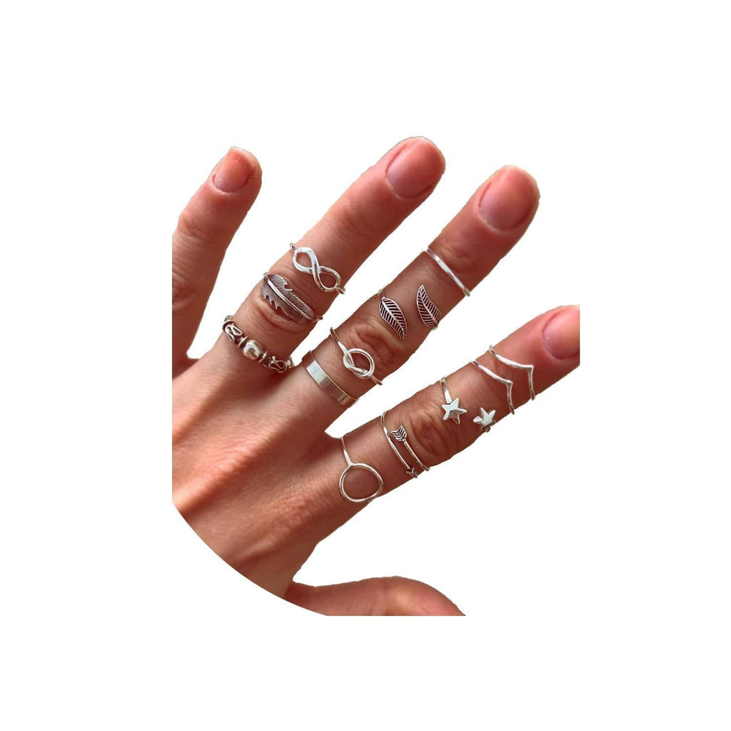 [Australia] - ZZ ZINFANDEL 12-20 Pcs Multiple Boho Silver Ring Set Star Moon Wave Feather Rings Stackable Knuckle Rings for Women Bohemian Midi Finger Rings Set for Teens Girls A:12pcs silver 