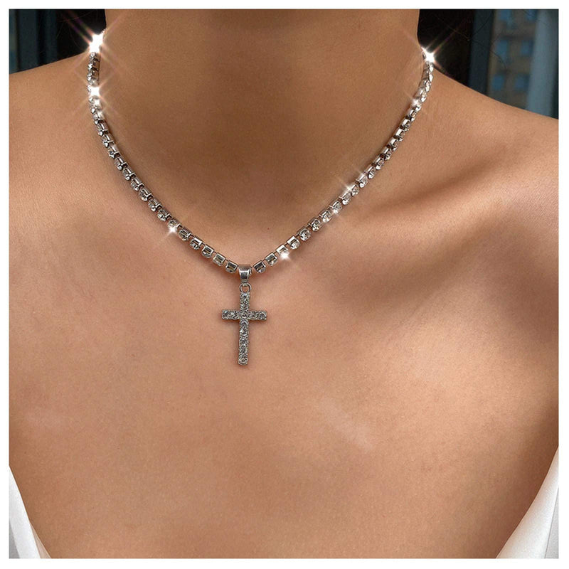 [Australia] - Crystal Cross Pendant Necklace Boho Rhinestone Crucifix Necklace Chain Jewelry for Women Girls (Silver) Silver 