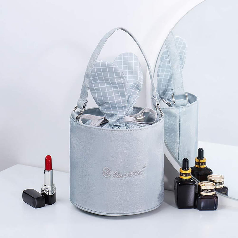 [Australia] - Malamaba Bunny Ears Design Cosmetic Bag Quick Drawstring Makeup Bag for Traveling Toiletry Organizer Barrel Shaped Storage Bucket Hanging Bag for Women (Grey) Grey 
