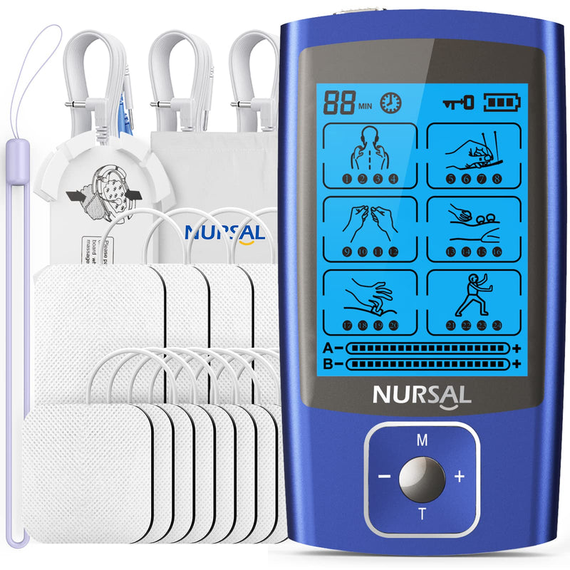 [Australia] - NURSAL TENS EMS Unit Muscle Stimulator for Pain Relief Therapy, Electric 24 Modes Dual Channel TENS Machine Pulse Massager with 12 Pcs Electrode Pads/Continuous Stable Mode/Memory Function Blue 