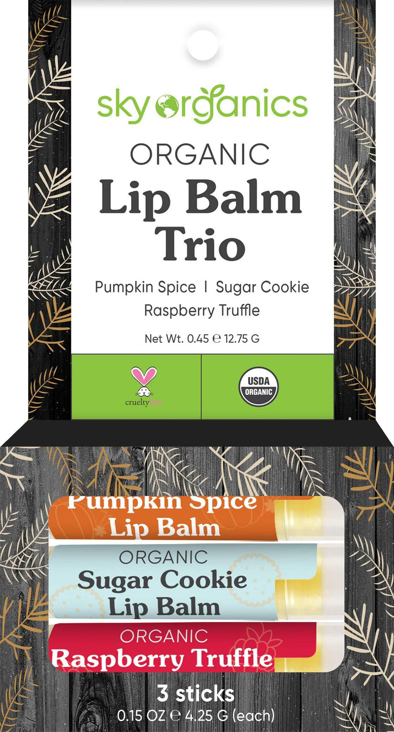 [Australia] - USDA Organic Lip Balm Trio by Sky Organics (3 Sticks) Winter Flavors Moisturizing Lip Balm Gift Set Pumpkin Spice, Sugar Cookie, Raspberry Truffle Limited Edition Cruelty-free Made In USA 