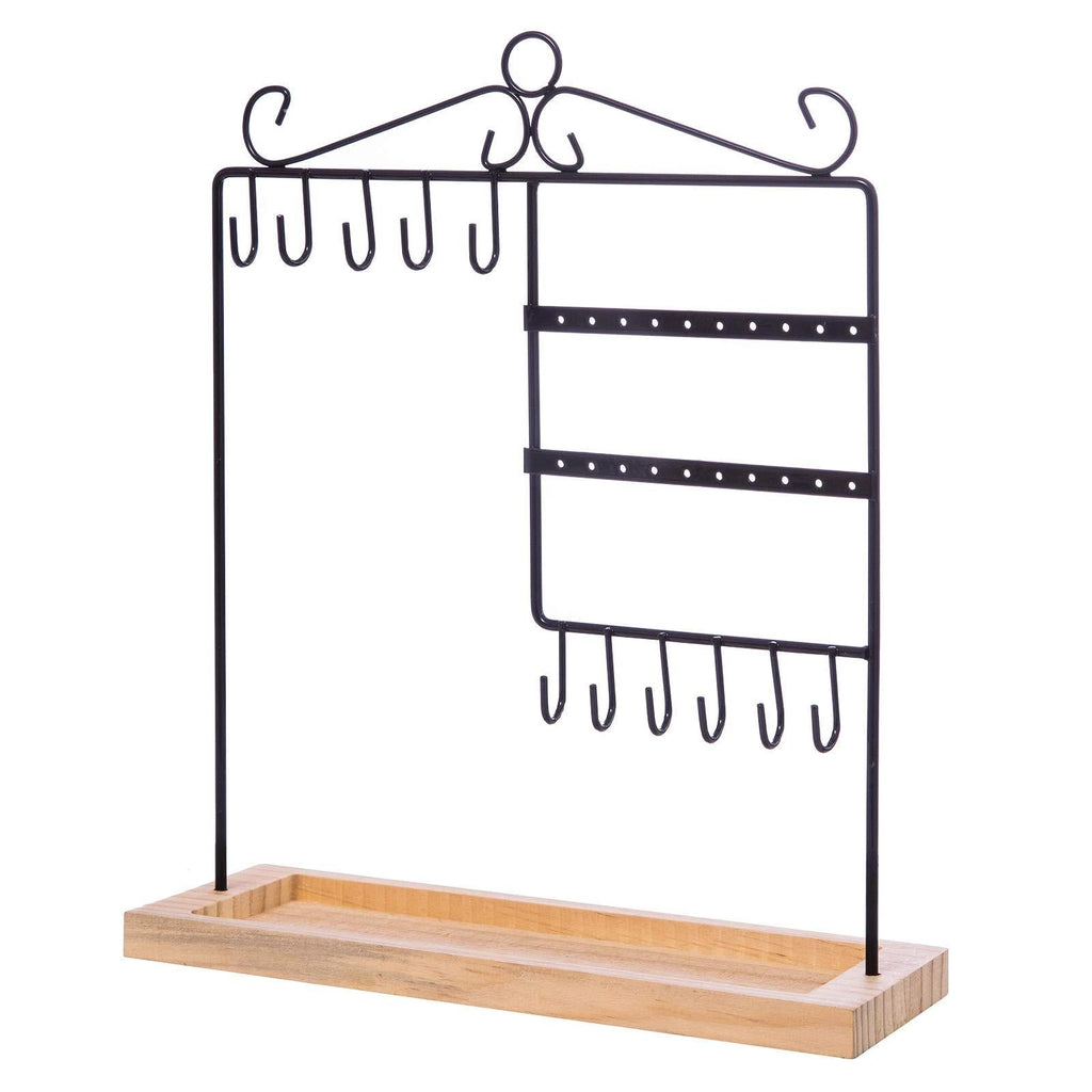 [Australia] - WELL-STRONG Jewelry Organizer Holder, High Capacity Grooves, Metal Rack & Wood Basic, 20 Holes and 11 Hooks for Necklaces Earrings Bracelets Accessories Black 