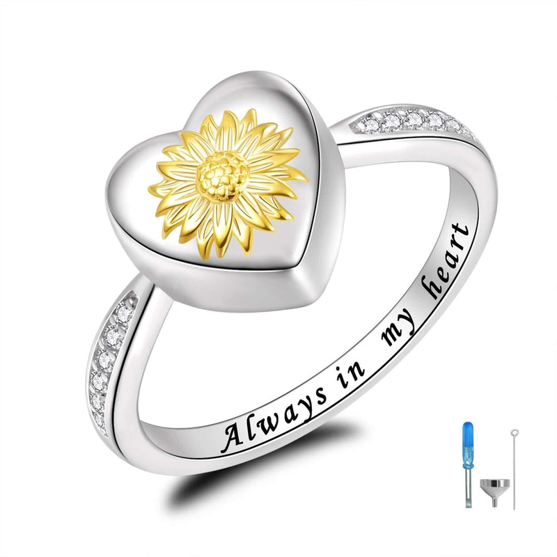 [Australia] - Fookduoduo Sterling Silver Sunflower Urn Ring Creamation Jewelry for Ashes Always in My Heart Urn Finger Rings for Women for Remembrance Keepsake Gift for Loss of Loved Furry Friend 6 