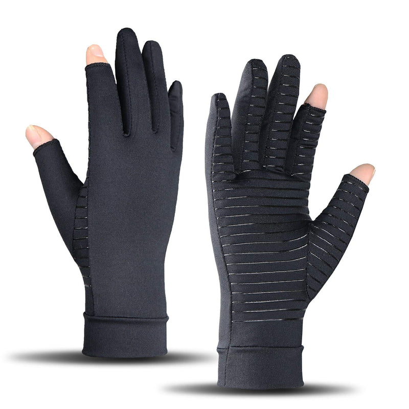 [Australia] - ITHW Copper Arthritis Gloves for Hand Pain Relief, Rheumatoid Osteoarthritis, Swelling, Carpal Tunnel, Compression Gloves for Arthritis for Men and Women (M) Medium (1 Pair) Three Finger-black 